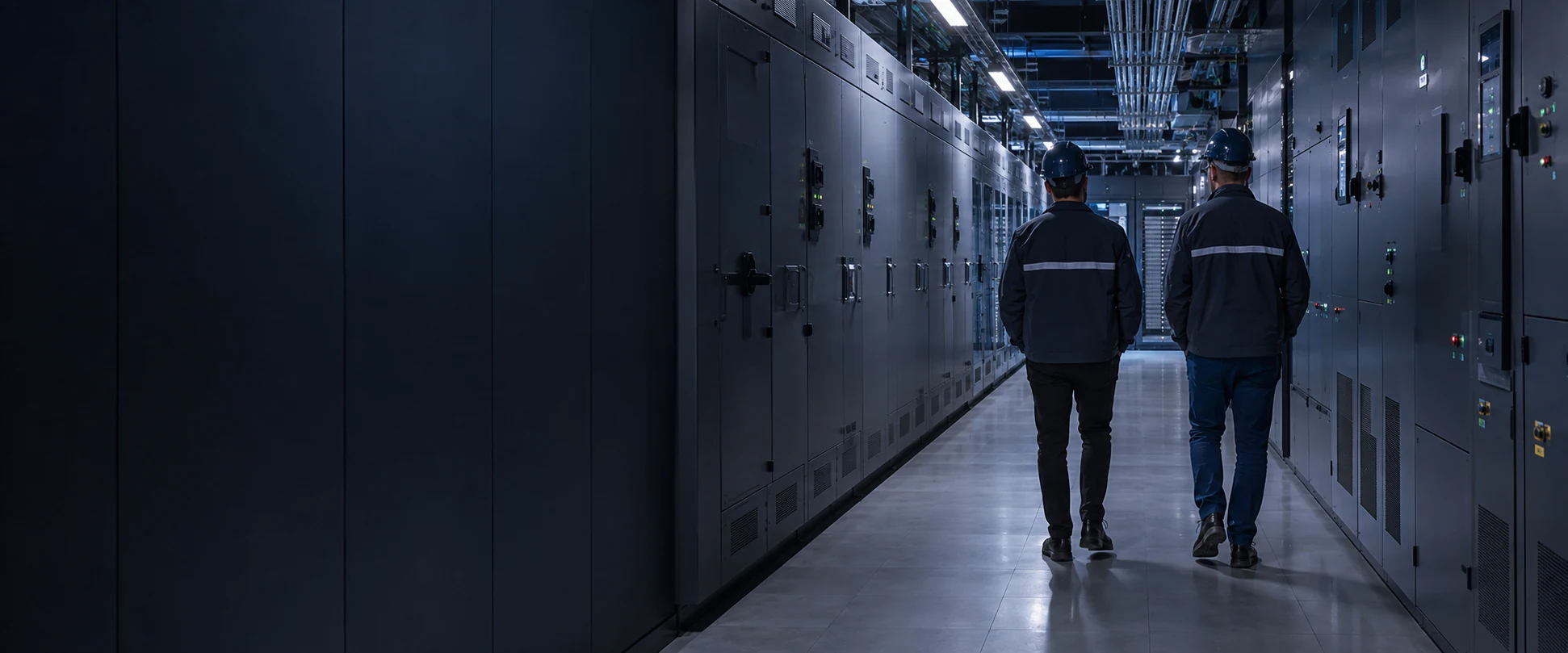 Infrastructure professionals inspecting a modern data centre electrical gallery